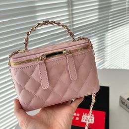 Womens Classic Top Hand Vanity Bags With Mirror Gold Metal Hardware Matelasse Chain Crossbody Shoulder Handbags Lambskin Black White Pink Cosmetic Case 16x11CM