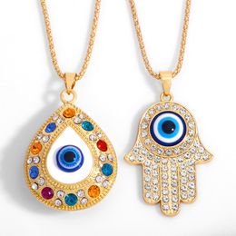 In Bulk Alloy Rhinestone Fatima Hand Pendant Necklace Turkish Blue Evil Eyes Diamond Set Sweater Chain Necklaces Jewellery Wholesale