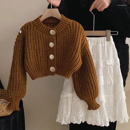 Jackets Spring Autumn Girls Cardigan Baby Coat Children Knitwear Toddler Jacket Kids Clothes Ins Rib Knit Medal Button 2-7Y