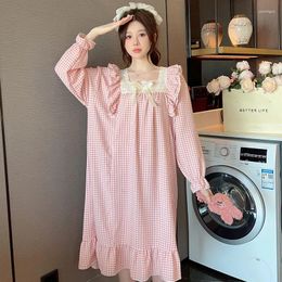 Women's Sleepwear Spring And Autumn Plaid Dress Pyjamas Loose Simple Sweet Plus Size Long Sleeve Mid-Length Nightgown Home Clothes