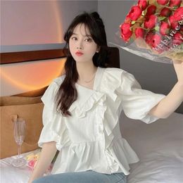 Women's Blouses Kawaii Shirts Women Solid Korean Style Summer Soft Casual Chic Ruffles Trendy Sweet Ladies Stylish Schoolgirl Holiday