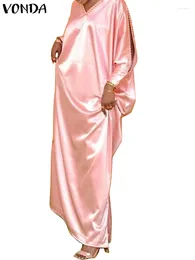 Plus Size Dresses VONDA Women Satin Silk Dress Autumn Sundress Elegant V-neck Party Maxi Long 2024 Casual Sleeve Robe 5XL