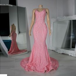 New Sparkly Pink Mermaid Prom Dress 2024 V-Neck Beads Sleeveless Backless Sexy Formal Party Evening Dresses Robe De Bal