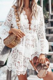 Casual Dresses Summer Explosion Women's Beach Bikini Blouse Sexy Resort-style Lace Long Sleeve V-Neck Dress