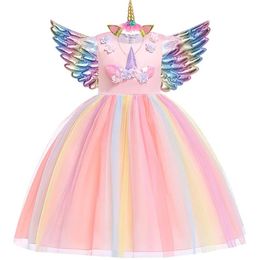 Waistcoats Girls Unicorn Tutu Dress Rainbow Princess Kids Party Dress Children Christmas Halloween Cosplay Costume with Headband Wings