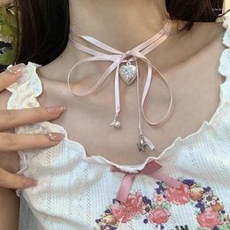 Pendant Necklaces Y2K Pink Rope Tied Peach Heart Necklace For Women Fashion Retro Sweet Harajuku Charm Jewelry Gift