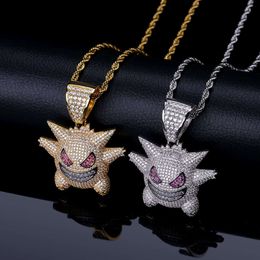 Hip Hop Jewelry Iced Out Gengar Charms Necklace Bling Crystal Ghost Pendant Necklace