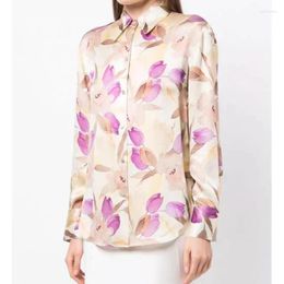 Women's Blouses 2024 Autumn Women Tulip Floral Print Satin Silk Long-sleeved Shirt