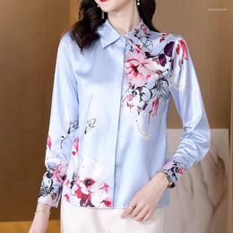 Women's Blouses Elegant Button Long Sleeve Silk Shirts Loose Women Fashion Clothing Tops Turn Down Collar Floral Print Satin Blouse Blusas