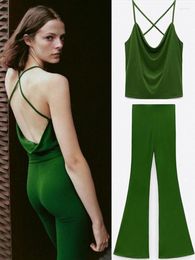 Women's Two Piece Pants Summer Green High Street 2 Pieces Strapless Sexy Stretch Short Top And Long Sets Women Waist Wide Leg Pant Suits