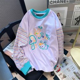 Women's Hoodies Cute O Neck Women Kawaii Animal Print Sweatshirt Hoodie Spring Long Sleeve Top Harajuku Y2k Patchwork Stiipe Streetwear