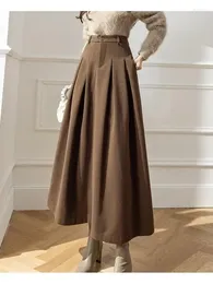 Skirts Elegant Women Woolen For Female Pockets Office Ladies Casual Loose A-line High Waist Midi Skirt Autumn Winter M139