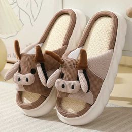 Slippers 2023 New Linen Slippers Cute Cartoon Pig Slippers Women's Indoor Shoes Slippers Four Seasons Soft Thick Sole Summer Linen Slides