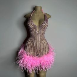 Sexy Illusion Mermaid Prom Dresses Sparkly Beading Rhinestones Birthday Mini Cocktail Dress Night Club Gowns Robe De Bal