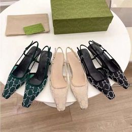2024 Dress Shoes Slingbacks High Heels Designer 3.5CM Lace Up Shallow Cut Elegant Sandals Mid Mesh Crystals Sparkling Print Leather Ankle Strap Slippers letterg 35~41