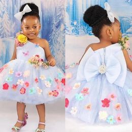 Girl Dresses One Shoulder Flower Hand Made Flowers Knee Length Tiered Tulle Ball Gown 1ST Birthday Party Communication Dress