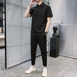 Men's Tracksuits Summer Stripe Linen Set Turndown Collar Short Sleeve T-Shirt Elastic Waist Ankle Length Casual Pants Two Piece Suit