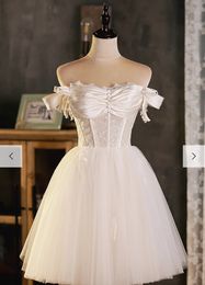 Mini Short A Line Wedding Dress Off The Shoulder Sweetheart Neck Lace Corset Top Pleats Summer Garden Bridal Gowns Formal Occasion Dresses For Women