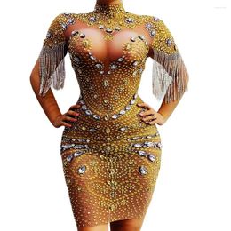 Stage Wear Mesh Mini Dress Ladies Gold Rhinestones Fringe Dresses Dance Costume Nightclub Performance Party Club Women