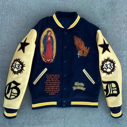 Men's Jackets High Street Hip Hop Lady of Guadalupe Embroidered Jacket for Men y2k Harajuku fashion couple casual loose baseball uniform J240120