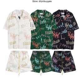 Men's Shorts 23s Trendy Brand Rhude Full Print Letters Casual Short Sleeved Shirt Set for Men and Women High Street Shirts Rcm6L3NM