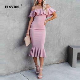 Women's Blouses Shirts Casual Solid Color Off Shoulder Slim Vestido Women Summer Sexy Ruffle Slash Neck Dresses Elegant Simple Midi Party Mermaid Dress YQ240120