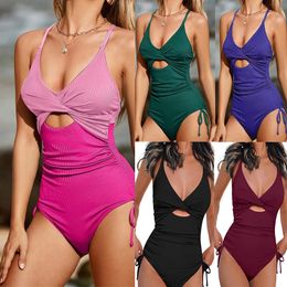 ARXIPA Sexy 1 Piece Swimsuit for Women Cross Bandage Deep V Neck Bathing Suit Padded Push Up Beachwear Backless Lace Up One Piece Swimwear Brazilian Hollow Out