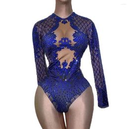 Stage Wear Royal Blue Bodysuit Rhinestone Jumpsuit Women Sparkling Crystal Bodycon Party Club DJ Outfit Catwalk Show Dance Costume