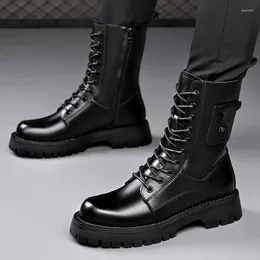 Boots Men's Fashion High Motorcycle Autumn Winter Shoes Lace-up Genuine Leather Platform Boot Brand Designer Long Knight Botas