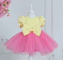 Girl Dresses Gorgoues Baby Dress Tutu Outfit Pink Tulle Yellow Top Toddler Puff Sleeve Birthday Party Gown 12M