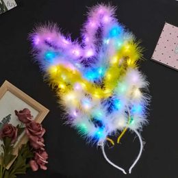 Party Hats LED Feather Rabbit Ear Headband Luminous Headdress Bunny Ears Hairband Hair Hoop for Women Christmas New Year Party YQ240120