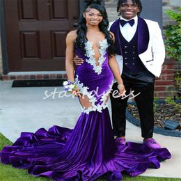 Purple Black Girls Mermaid Prom Dress 2024 Sheer Neck Velvet South African Evening Gowns Elegant See Through Leg Fishtail Formal Occasion Dress Lace Dance Birthday