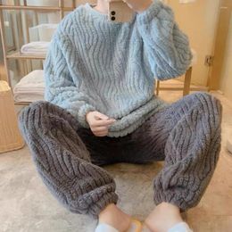 Men's Sleepwear Men Pyjama Pants Set Flannel Soft Touch Comfortable Long Sleeve Warm Cosy Solid Colour Round Neck Loungewear