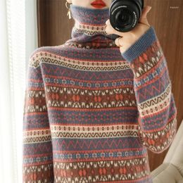Women's Sweaters Autumn Winter Woollen Sweater High Neck Long Sleeve Pullover 100 Pure Wool Loose Jacquard Retro Thickened Knitted