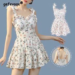 Wear Women Floral Print Ruffle Bow Lace Up Kawaii Sweet Chic Swimwear Summer Sleeveless Slim One Piece Swimsuit Sexy Beach Dress Ropa