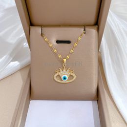 Stainless Steel Ellipse Micro Paved Crystal Evil Eye Crown Necklaces for Women Enamel Zircon Rhinestone Charm Party Jewellery Gift