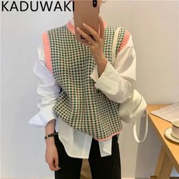 Vintage Fashion Plaid Knitted Vest Women Autumn Winter 2023 Simple O Neck Sleeveless Sweater Waistcoat Korean Chic Tank Tops 240118