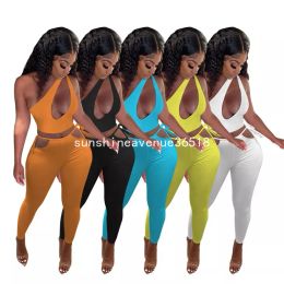 2024 Designer Spring Women Tracksuits Two Piece Set Sexy Hollow Out Top+pants Sleeveless T Shirt Leggings Matching Set Casual Outfits Solid Suits Wholesale