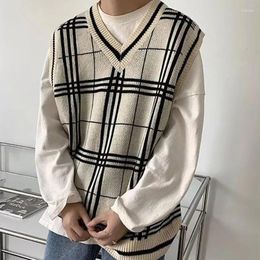 Men's Vests Spring And Autumn Black White Plaid Men V Neck Sweater Vest Preppy Style Fashion Loose Oversized Inside Knitted Tank Daily Wear