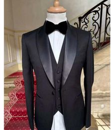 Men's Suits Black Mens Wedding 3 Piece Satin Shawl Lapel 1 Button Man Blazers Prom Wear Terno Masculino Costume Homme Coat Pants Vest