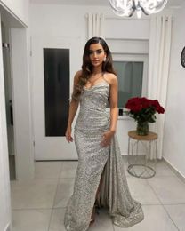 Party Dresses Mermaid Silver Sequins Prom One Shoulder Side Split Gowns Special Occasion Vestidos De Fiesta Evening Dress