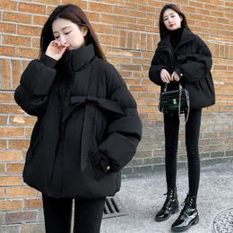 Women's Trench Coats 2024 Winter Black Jackest For Women Stand Neck Loose Down Cotton Coat Female Korean Bow Thicken Warm Parkas Ladies