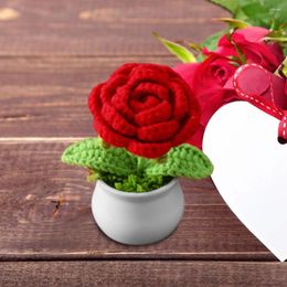 Decorative Flowers Simulation Pot Home Decor Handwoven Knitting Rose Flower Bonsai Mini Potted Plants Crochet Ornament For
