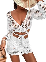 Women's Swimwear Women Knit Cover-up Set Hollowed Long Sleeve Tie-up Crop Top With Mini Bodycon Skirt For Beach