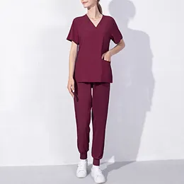 Women's Two Piece Pants Fashion Scrub Suits Scrubs Set For Women Joggers Tops Nursing Uniform V-Neck Solid Colour Workwear