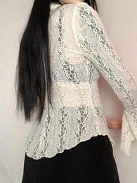 Women's Blouses Women S Long Sleeve Lapel Shirt Solid Colour Single-Breasted See-Through Lace Patchwork Irregular Hem Casual Tops