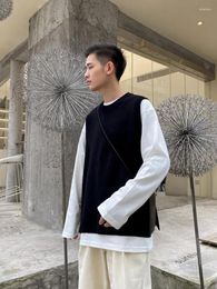 Men's Vests Knit Sweater Male Vest Sleeveless Waistcoat Clothing Black Solid Colour Plain Slit Mode Cotton Korean Fashion In