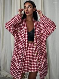 Work Dresses RDMQ 2024 Thousand-bird Plaid Women Wrapped Hip Skirt Set Casual Lapel Lace Up Coat Suit Autumn Ladyl Fragrant Wind Outfit Sets