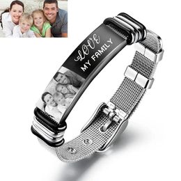 Bracelets Custom Stainless Steel Bracelet for Men Personalised Engraved Photo Text Bracelets Adjustable Men's Family Bracelet Gifts