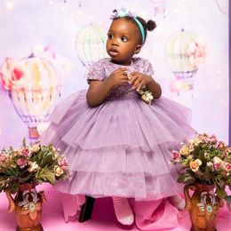 Dusty Purple Flower Girl Dresses Short Sleeves Jewel Lace Tiered Tulle Ball Gowns Flowergirl Dress Princess Queen Birthday Party Dress Gowns for Little Kids NF016